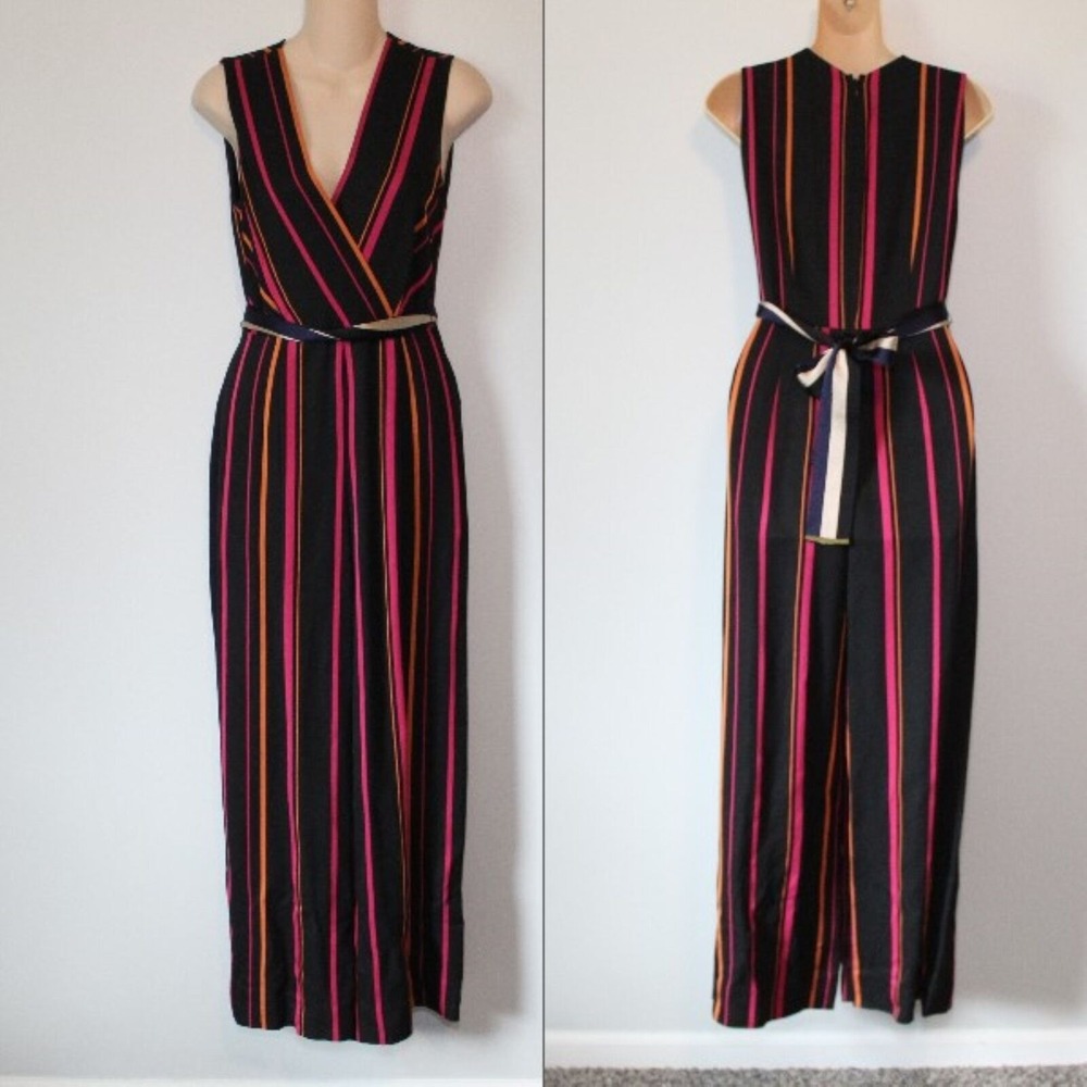 Diane Von Furstenberg Sleeveless Crossover Wide Leg Striped One-Piece Jumpsuit 0 - Picture 13 of 14